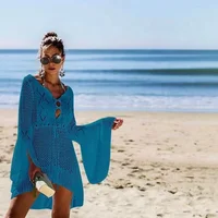 

Fashion womens splicing mesh Lace hollow Crochet perspective embroidery Summer swimsuit cover ups Dress long