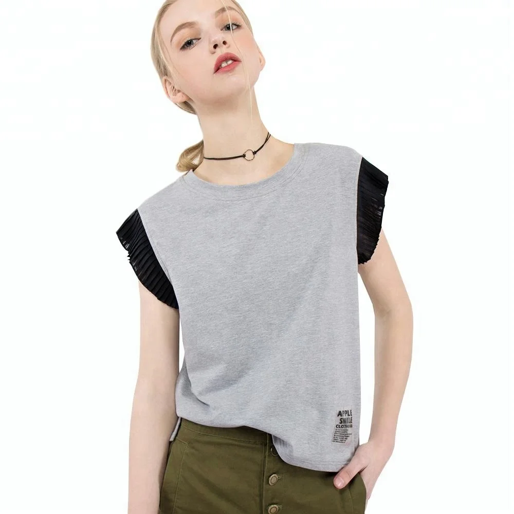 

Ruched Fashionable Chiffon Pleated Sleeve Patchwork Design Woman T-shirt, N/a