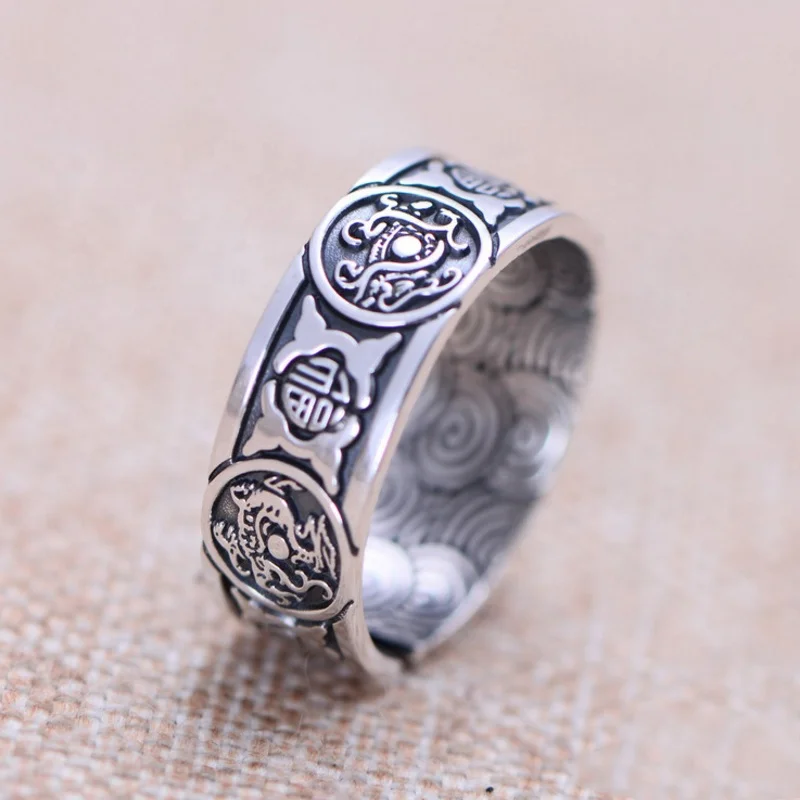 

S999 Sterling Silver Fashion Simple Jewelry Four Big Beasts Female Open Ring