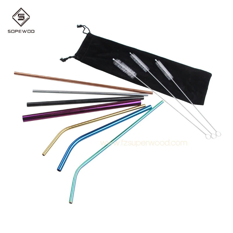 

Wholesale Reusable stainless steel custom sets Straight and curved colorful metal drinking straw, Silver, rainbow, black, copper, gold