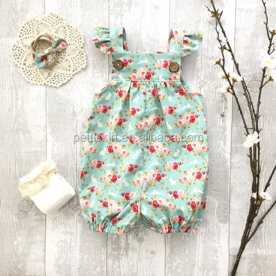 

Baby girl vintage style blue flower romper infant baby playsuit floral baby girls romper, As picture shows