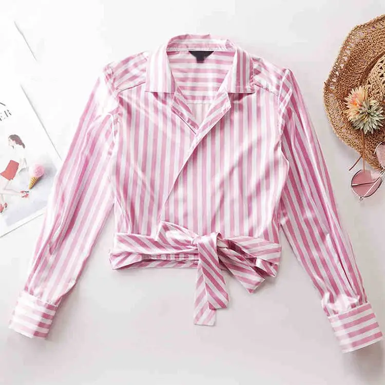 

Striped office Ladies Pretty fashion Tie Neck Crepe Silk blouses with bow