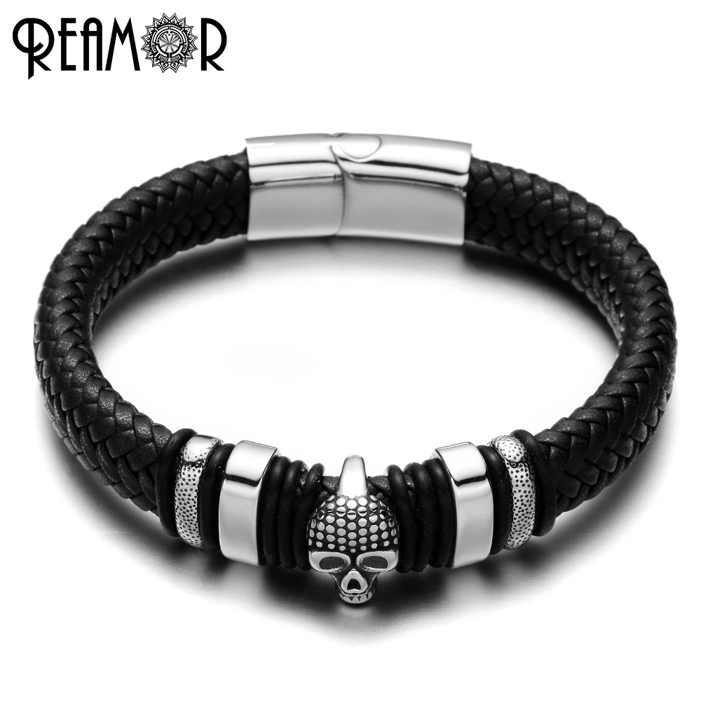 

REAMOR 316L Stainless Steel Male Bracelet Skull Head Style Charms Bangles Wide Braided Leather Rope Bracelets Trendy Jewelry