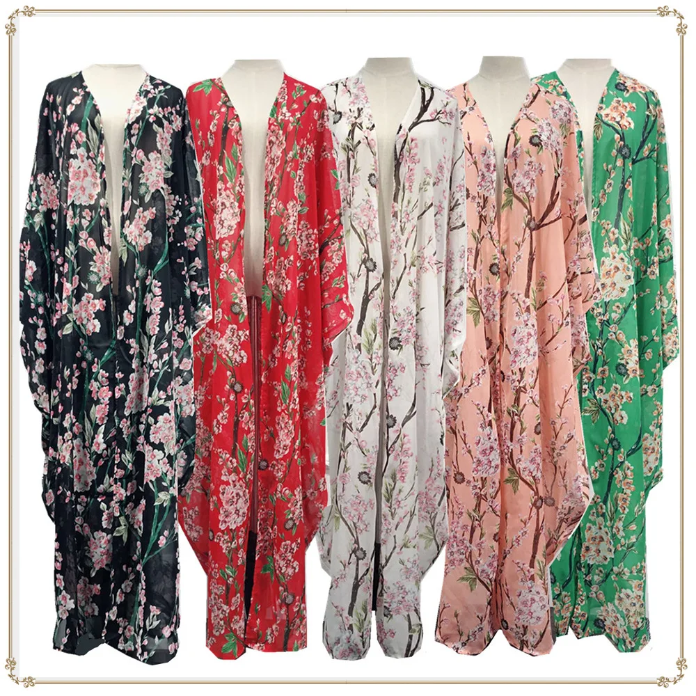 Muslim Abaya Batwing Pink Floral Chiffon Maxi  Plus Size Kimono Long Robe Gowns Dubai Middle East Islamic Clothing