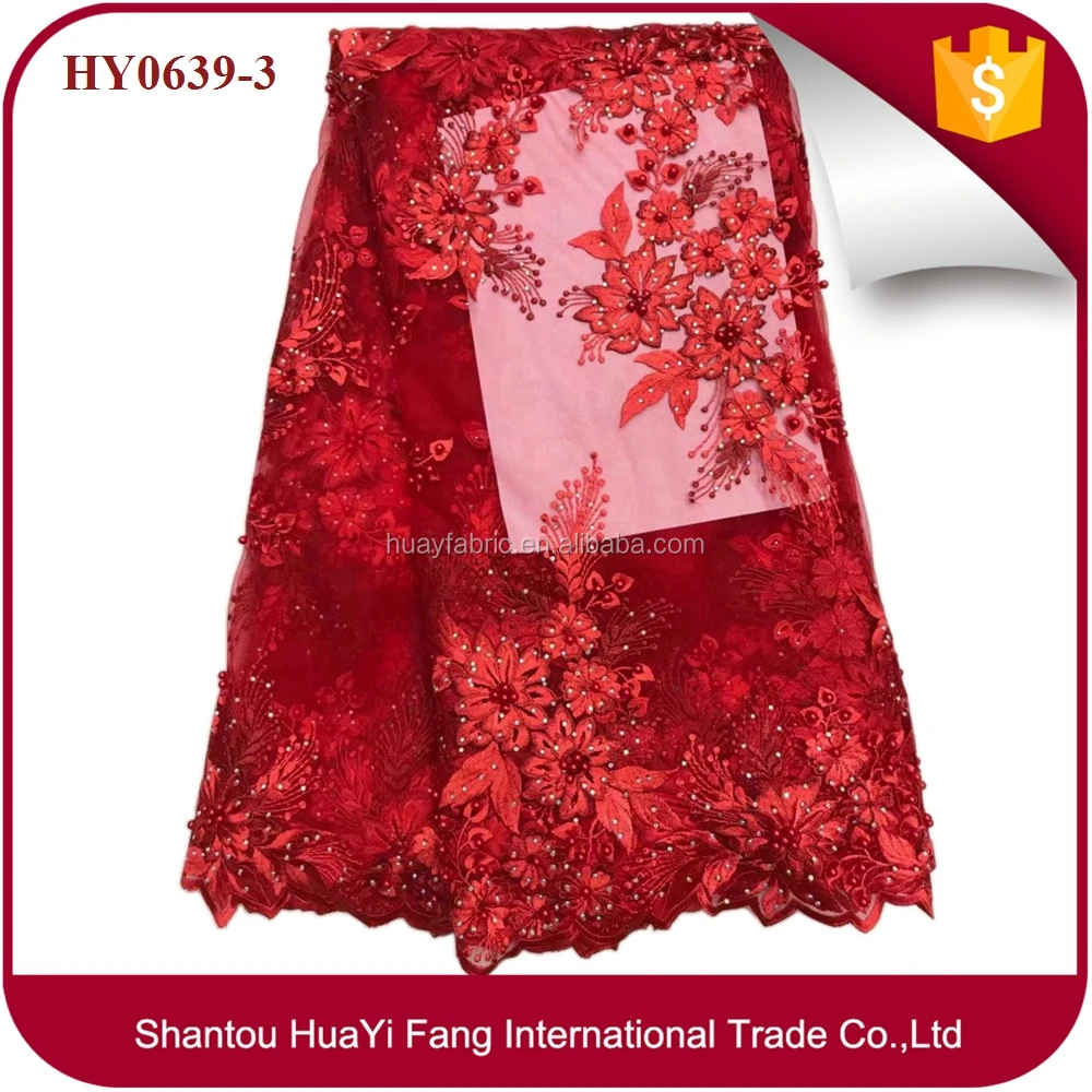 

Top sale french red tulle lace fabric nice floral embroidery net lace with full pearls and stones HY0639-3, As pictures show