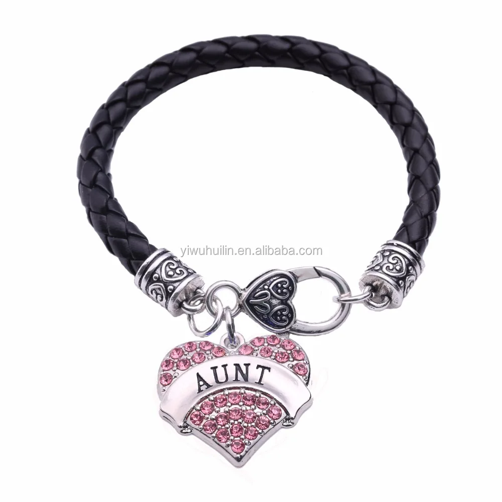 

LBH01 Fashion AUNT letter crystal heart shape Braided Leather Bracelet, Silver