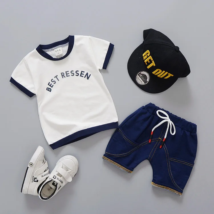

2PCS 2017 Baby Boys Sets Summer Boys Sets Clothes T-shirt+Jeans Short Printed Set Children Suit, As picture