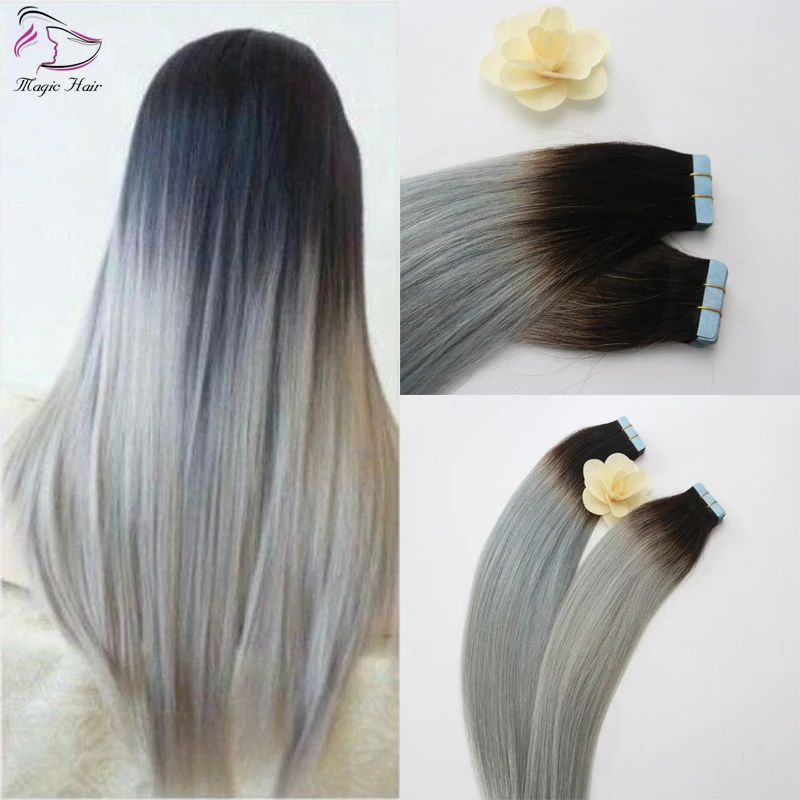 

Top Quality 50g 20pcs Color Adhesive Grey Skin Weft PU Tape in Human Hair Extensions 14 - 24inch Brazilian Indian Hair, 1b/grey