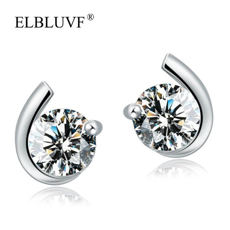 

ELBLUVF Free Shipping Women 925 Sterling Silver Plated Copper CZ Stone Simple Round Earrings, White gold