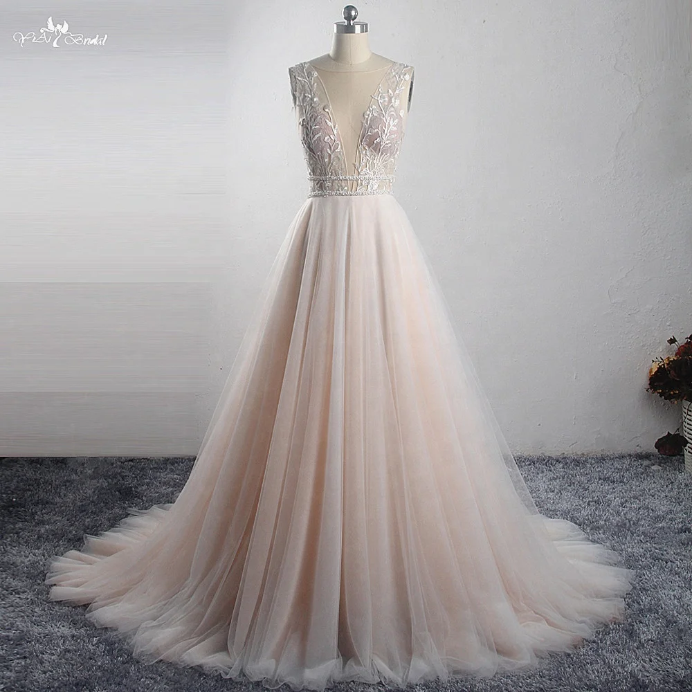 

LZ321 Simply Deep V Neckline Soft Tulle Wedding Dress 2021 Two Bead Belts Bridal Dress Blush Colored Wildely Boho Dress, Custom color