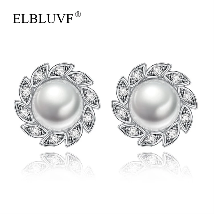 

ELBLUVF Copper Alloy Zircon Pearl S925 Women Artificial Jewelry Sun Flower Leaf Shape Silver Plated Earring, White gold