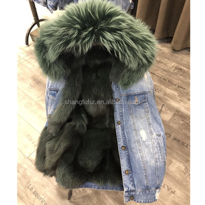 

SF0423 wholesale custom real fur lined women winter coat fox fur jean jacket winter warm coat, We can do any color