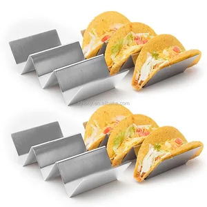 Image of 4 Pack - Stylish Stainless Steel Taco Holder Stand, Taco Truck Tray Style, Rack Holds Up to 3 Tacos Each