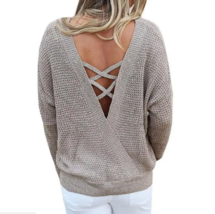 

Women's Long Sleeve Criss-Cross Backless Casual Loose Knit Pullover Sweater Plus Size XXXL a446, Can follow customers' requirements