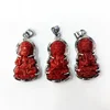 Hand Carved Red natural Bamboo Coral Pendant silver plated Avalokitesvara pendants with green jade leaf stainless steel charms