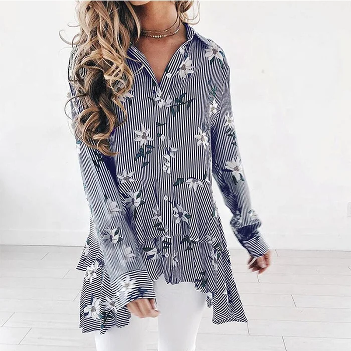 

2019 Fashionable Women Striped Floral Button Down Ruffle Tops, 3 colors