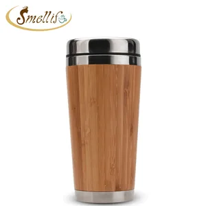 Image of 16oz Stainless Steel Bamboo Coffee Mug with custom laser engraved logo