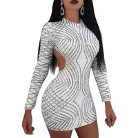 

YSMARKET Fashion Design Club Sexy Backless Dress With Long Sleeves Sequin Package Hip Bodycon Short Mini Dresses Women Q047