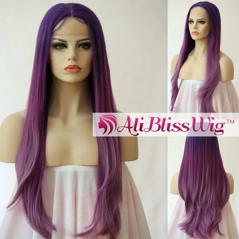 

Multi Layered Haircuts Long Straight Purple Roots Three Tone Ombre Purple Middle Part Synthetic Lace Front Wig with Baby Hair