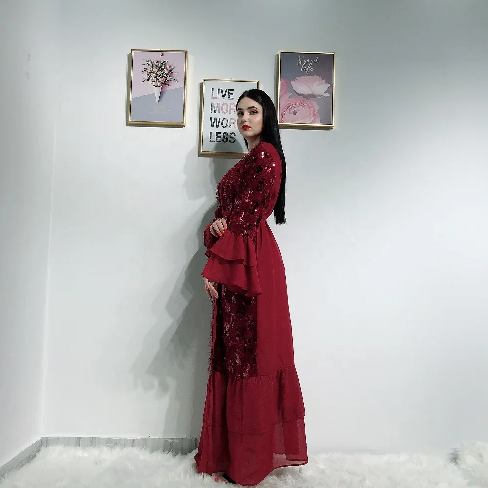 

2019 New fashion dubai open abaya 2 layers sleeves women maxi dress with lining and belt, Beige, navy, wine red, black