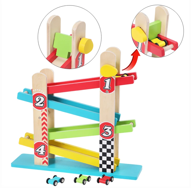 Hot Sale Mini Wooden Toy Gliding Rail Toys Car Ramp Track With 4 Cars