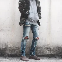 

OEM FOG stock drop ship skinny ripped Ripped men pants zipper blue jeans