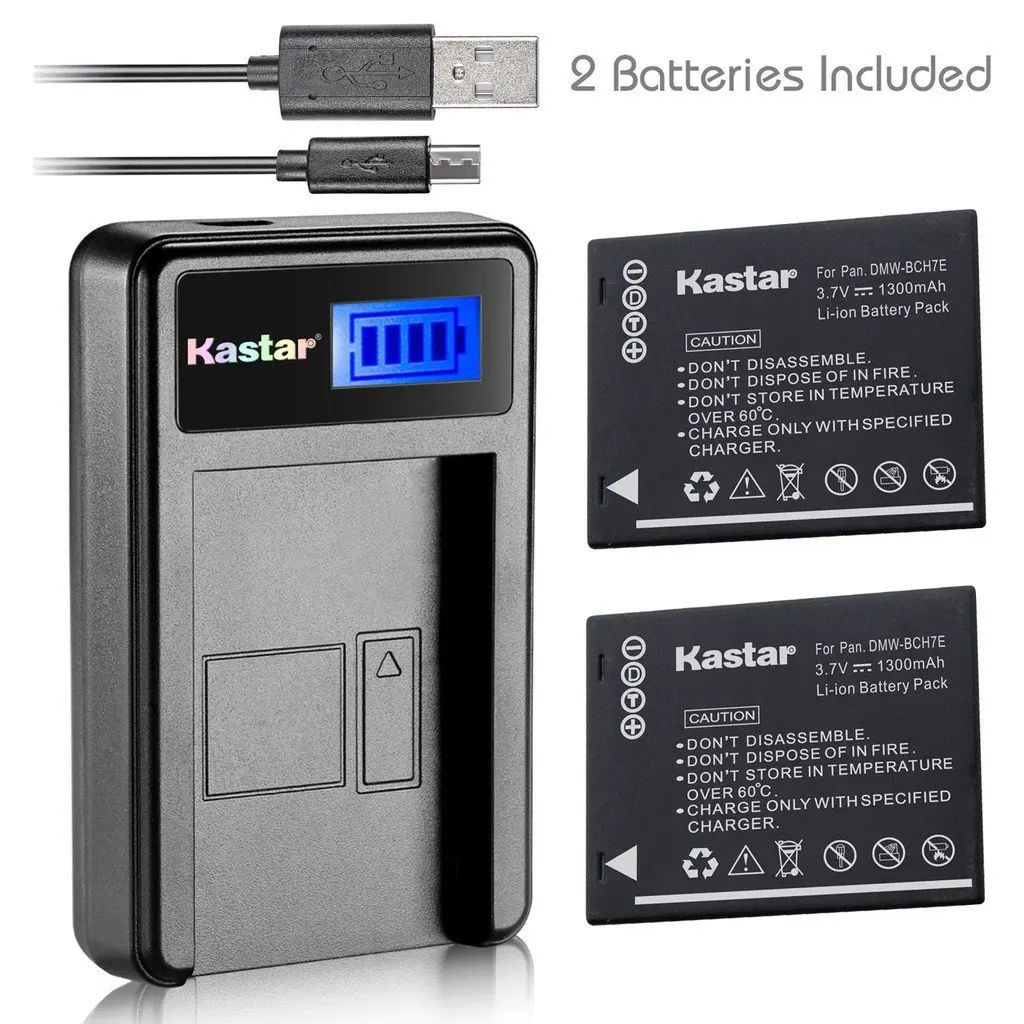 Kastar Battery (X2) & LCD Slim USB Charger for Panasonic DMW-BCH7, DMW-BCH7PP, DMW-BCH7E, DE-A76 and Panasonic Lumix DMC-FP1, DMC-FP2, DMC-FP3, DMC-FT10, DMC-TS10 Cameras