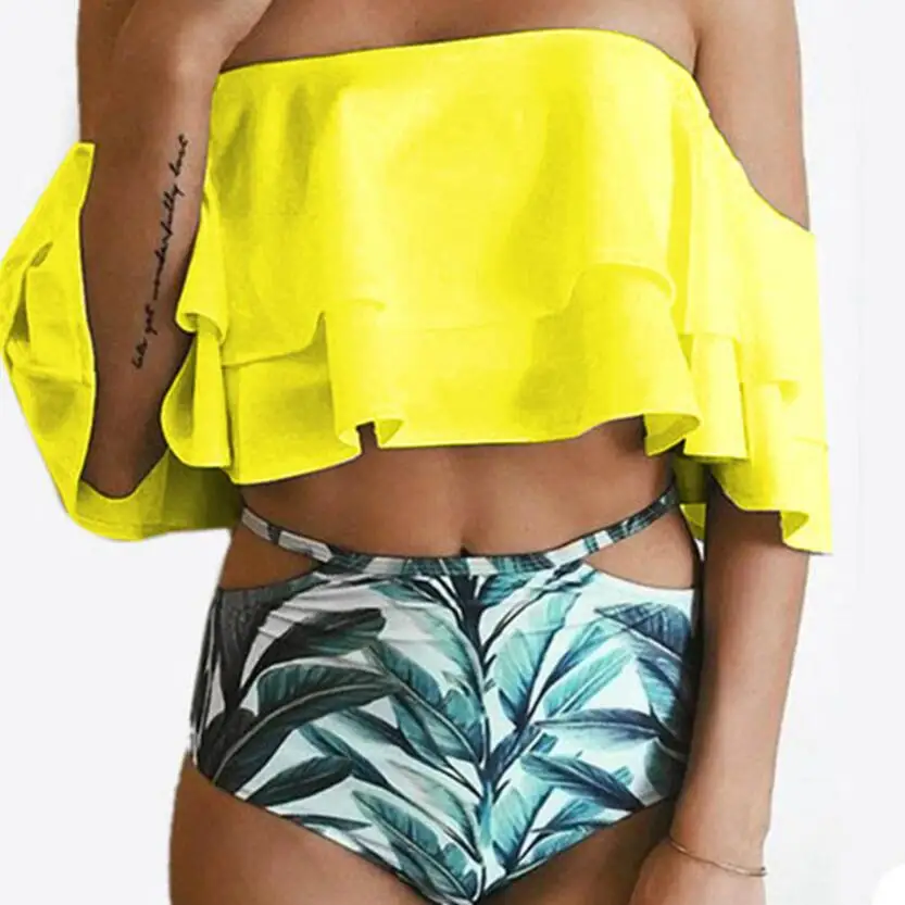 

Free Shipping OEM Custom Cute Sexy Double Ruffle Swimwear Bikini Shoulder Swimsuit