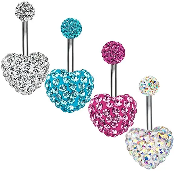 

Mixed Colors Medical Stainless Steel Ombligo Belly Navel Piercing Shambhala Czech Heart Crystal Belly Navel Ring