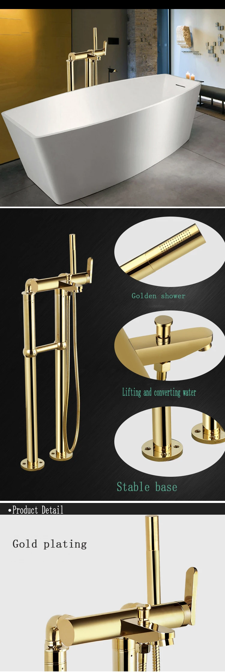 Modern golden brass Multi-function Thermostatic floor mounted bath shower mixer/taps Vertical bathtub faucet