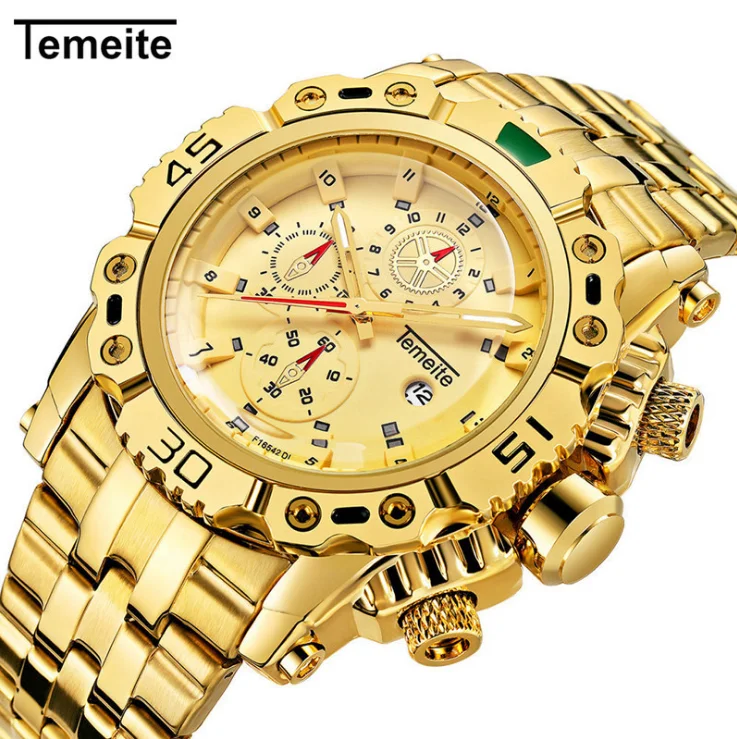 TEMEITE Hot Sport Men's Gold Watch Steel Waterproof Quartz Watch