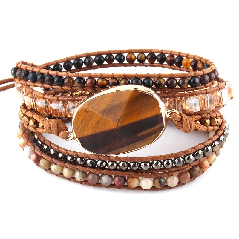 

Women Beaded Jewelry Men Women Handmade Mixed Natural Tiger eye Stones/Crystal and Stone Charm 5 Strands Wrap Bracelets