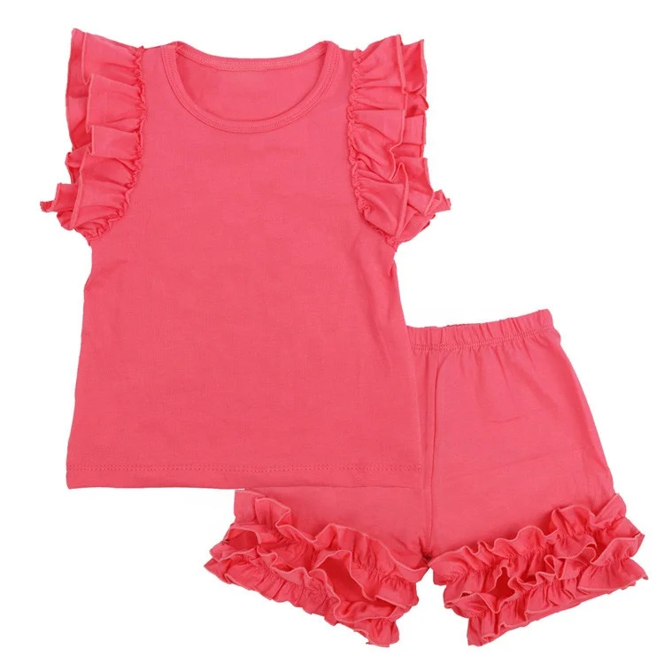 
Bulk wholesale children boutique Outfits Cute Kids clothing sets Summer Solid Ruffle Short Sets baby girls coming home outfit 