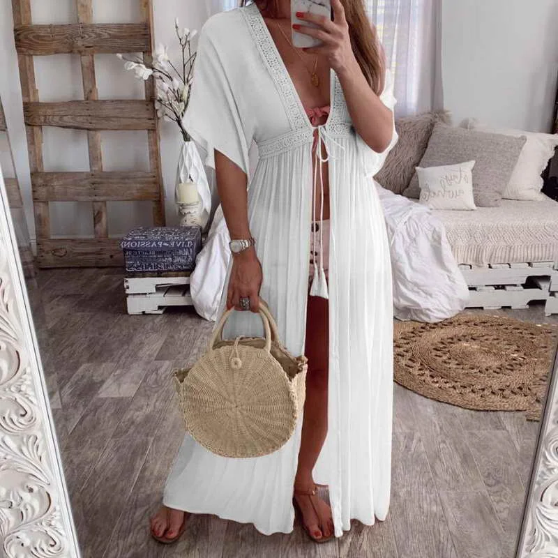 

Summer Sexy Women Lace Up Casual Design Cardigan Tops See Long White Beach Dress, As picture