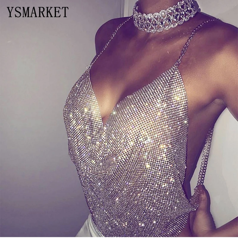 YSMARKET Popular Sexy Nightclubs Exposed Umbilical Vest Backless Halter Deep V Low-cut Rhinestones Sequined Tank Tops E1879