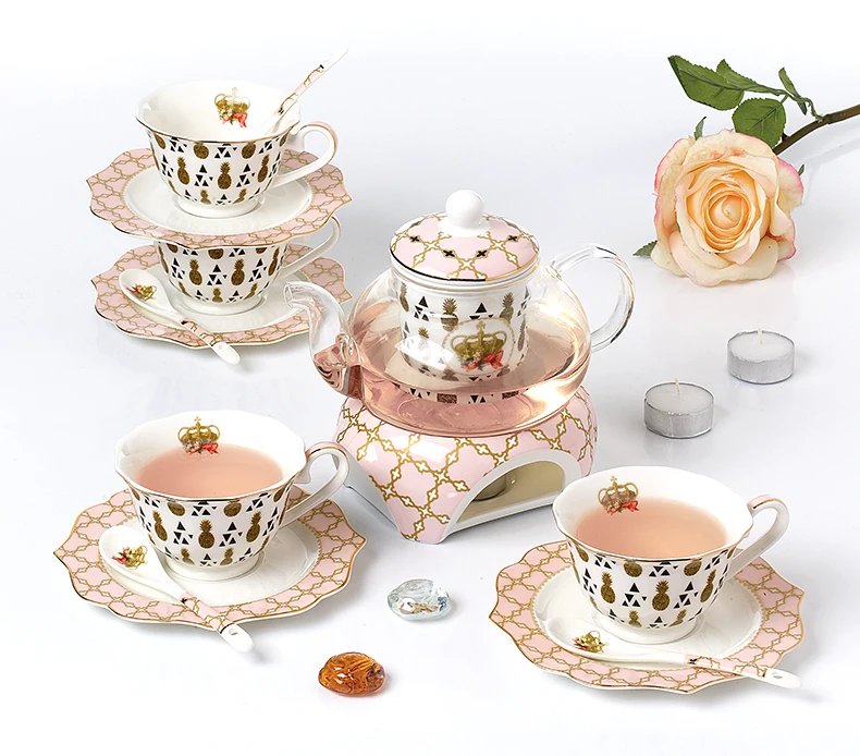 

hot selling tea set with glass teapot with warmer 15PCS TEA SET (4PCS TEA CUP AND SAUCER&4SPOON &GLASS TEA POT WITH WARMER), Can be customized