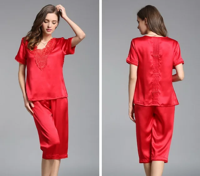 

Elegant 100% pure real silk sexy lace short-sleeved red silk pajamas FLKN618, Red;pink;beige;purple red