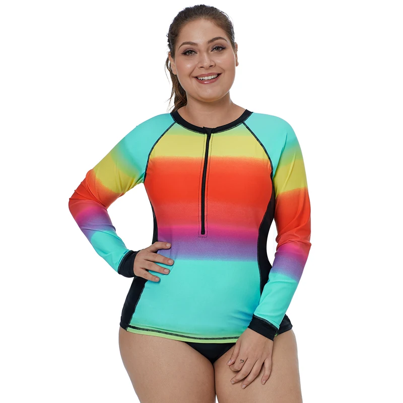 

Women Plus Size Color Block Long Sleeve Swimwear Top Surf Rashguard