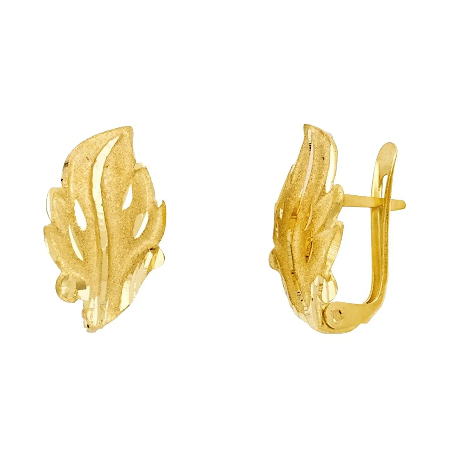 14k Yellow Gold Leaf Huggie Earrings Clip On Closure U Shape Diamond Cut Polished Genuine Size Options