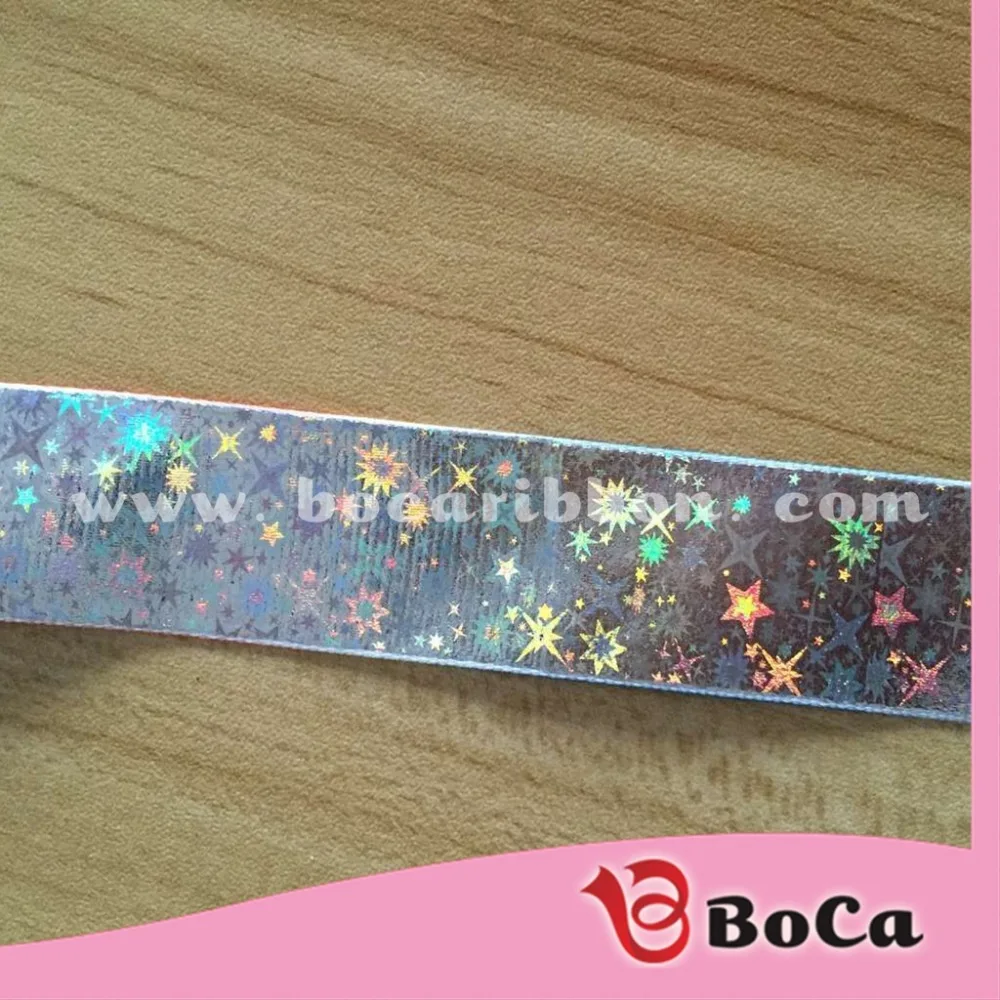 

wholesale holographic Starts foil grosgrain ribbon ,custom logo printing, 196 colors