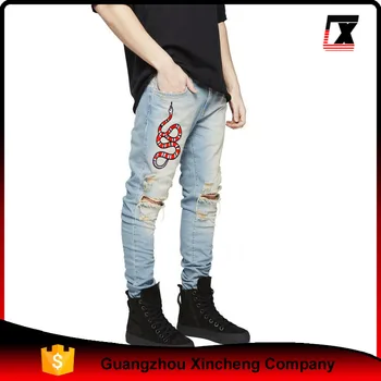 Custom Men's Damage Destroyed Ripped Snake Embroidery Skinny Jeans ...