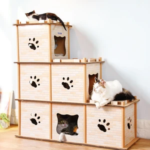 Image of Deku--Hot Sale Pet furniture Cat Toy Corrugated 3 layers house Shape --CP-205 Flat Package Cardboard Cat Scratcher tower