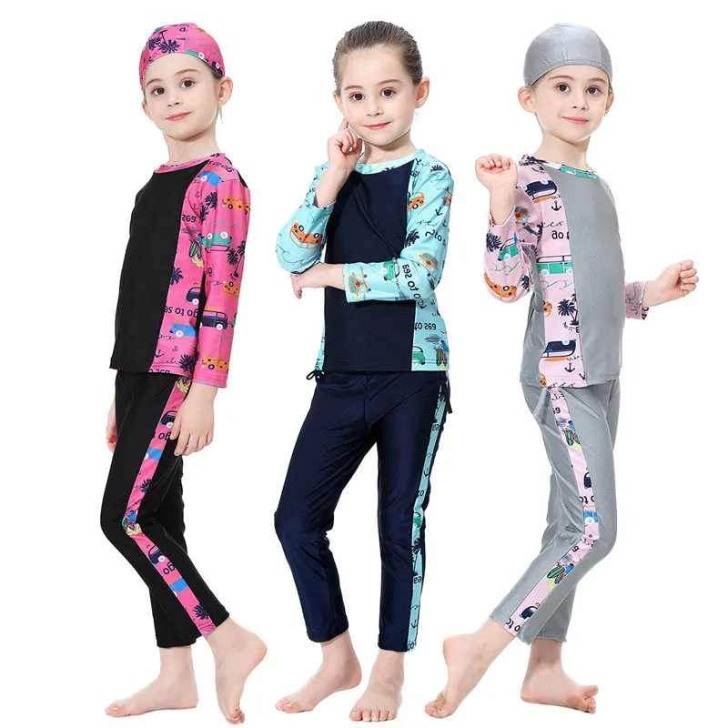 

New Muslim conservative print children's swimwear girls and boys children's wear three-piece split swimming suit kids swimsuit