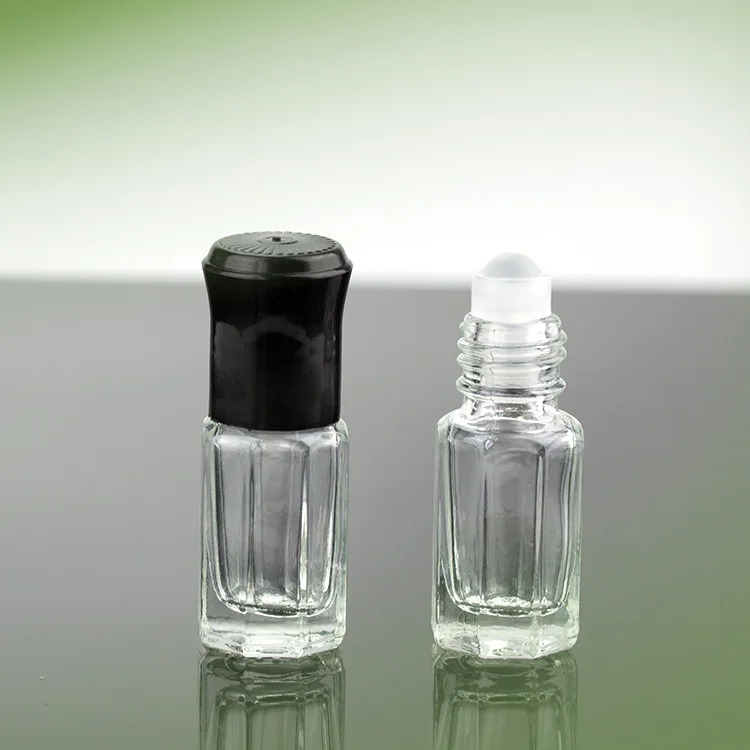 

New style octagonal shape empty glass bottle of attar perfume oil with glass roller 3ml