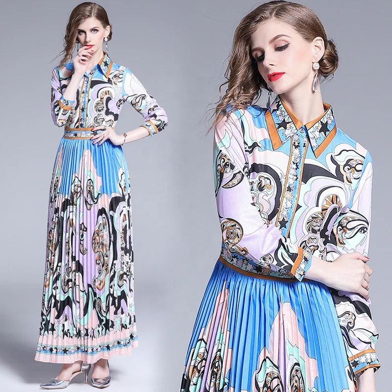 European and American Women Clothing Fashion 2019 Retro Vintage Floral Print Pleated Chiffon Maxi Dresses