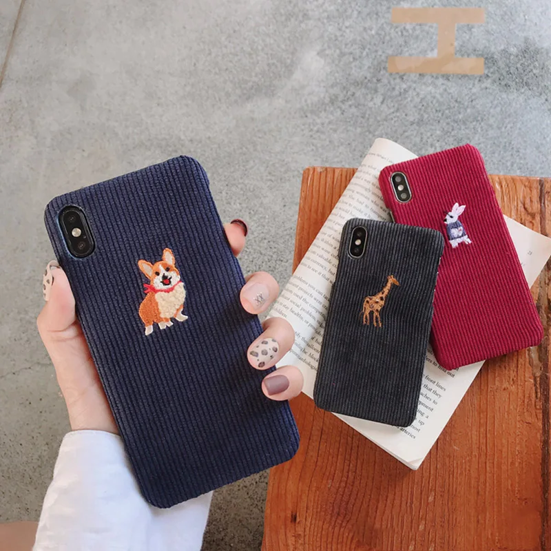 

Fashion Warm Corduroy Phone Case For iphone XS Max XR Case For iphone 7 8 6s 6 plus X Cute Rabbit Embroidery Hard Cover Cases