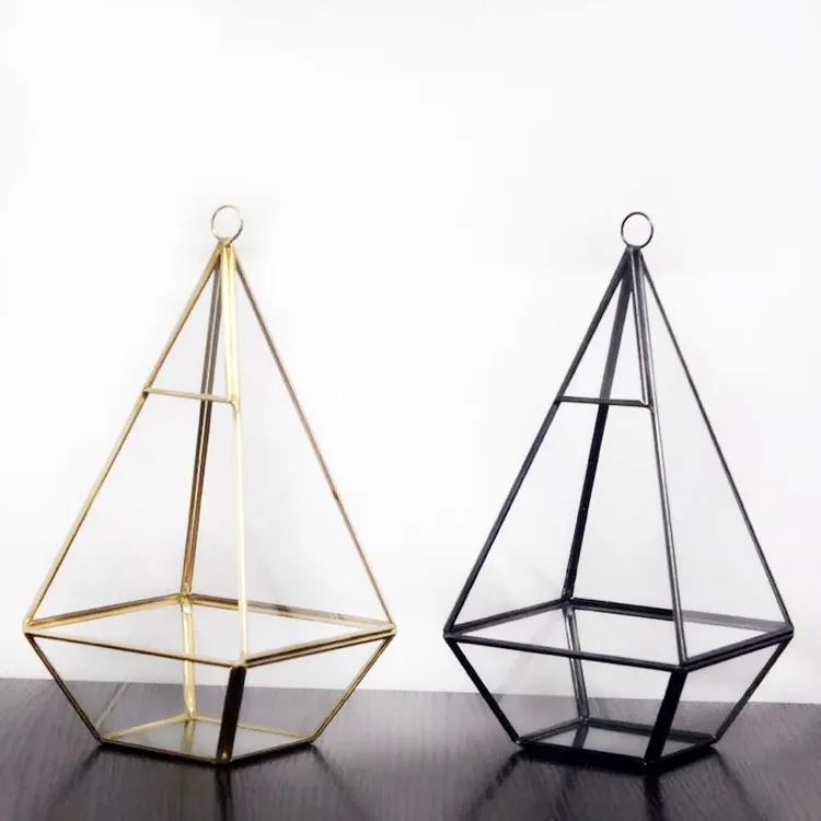

Hanging geometrical glass terrarium, copper gold for wedding and home decoration, Gold/ black