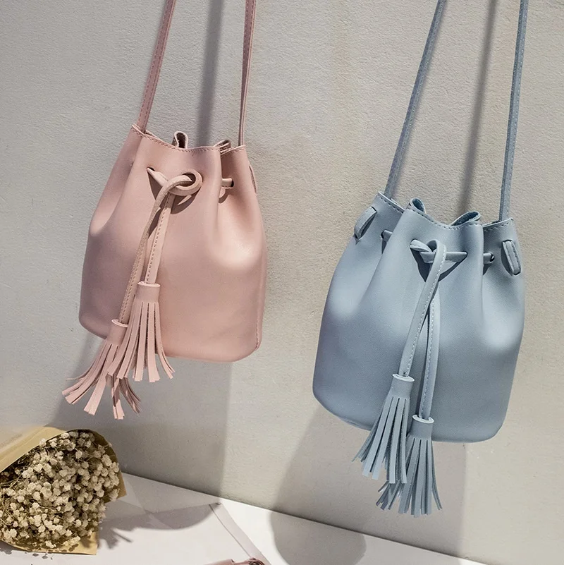 

wholesale custom casual women leather bucket bag mini shoulder bag with tassel, Customized color