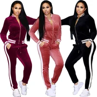 

Ribbed trim side ribbon velour thick tracksuits wholesale velvet tracksuits for women