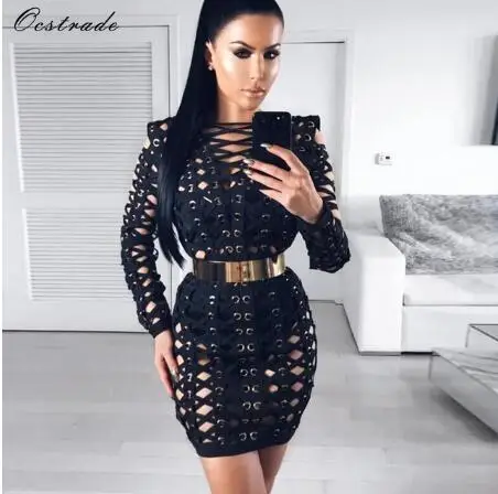 

Ocstrade Black Dress for Women 2018 New Sexy Fashion Metal Pieces Lattice Cross Over Bandage Dress Long Sleeve, As picture or customized